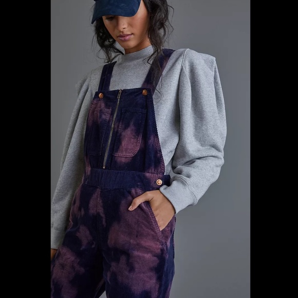 Anthropologie Navy Blue Pilcro Slim Tie Dye Corduroy Overalls Petite - Picture 2 of 8